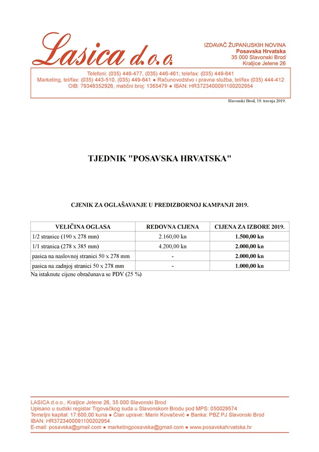 Posavska Hrvatska : Cjenik oglašavanja za Europske izbore 2019.